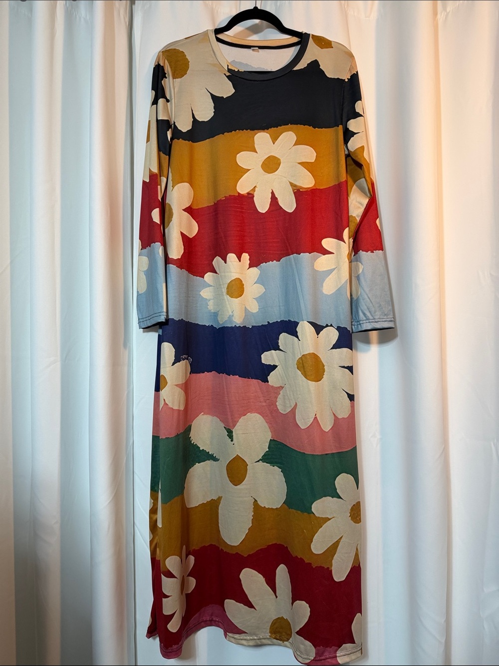 Retro Groovy Festival Dress Floral Daisy Stripe Long Sleeve Maxi Dress SZL B14